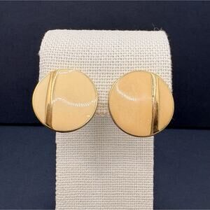 Vintage Monet Cream Enamel Gold Tone Round Flat Clip On Earrings Classic